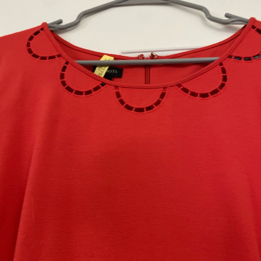 Talbots Red Short-Sleeve Midi Shift Dress with Scallop Neck Detail